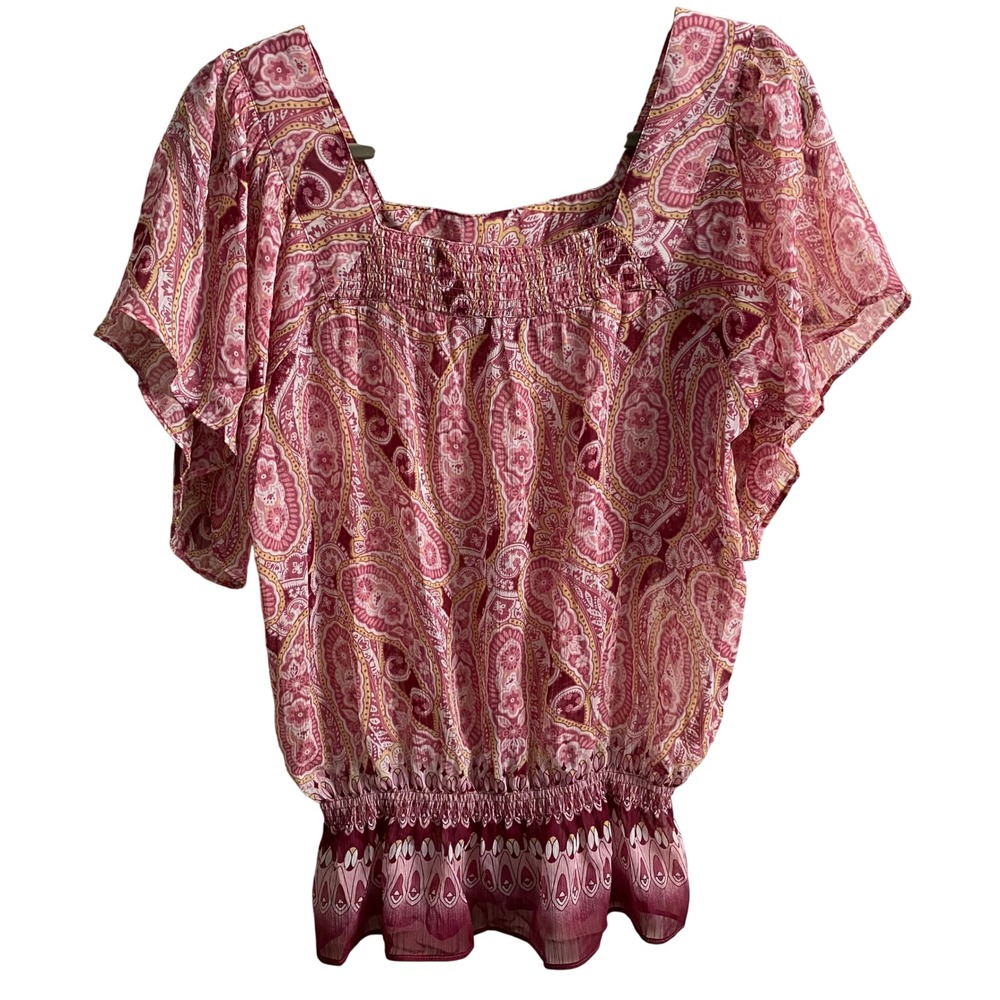 Mudd‎ Pink Paisley Smocked Peplum Blouse Square Neck Flutter Sleeve Boho Y2K Med